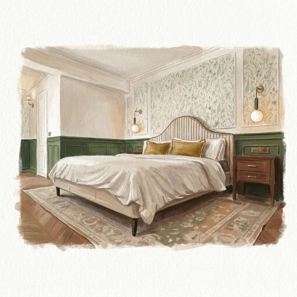 Watercolour drawing of a BV House bedroom