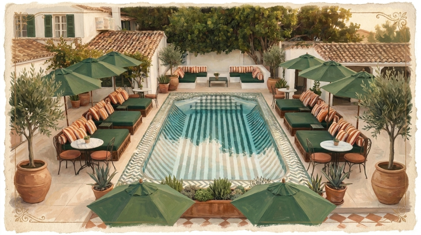 Watercolour drawing of the BV House pool