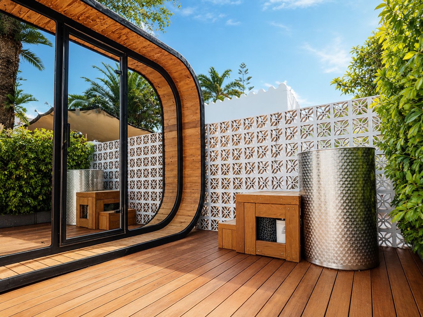 The spa deck at BV House — Finnish cedar sauna cabin and a hammered-steel cold plunge on a teak terrace